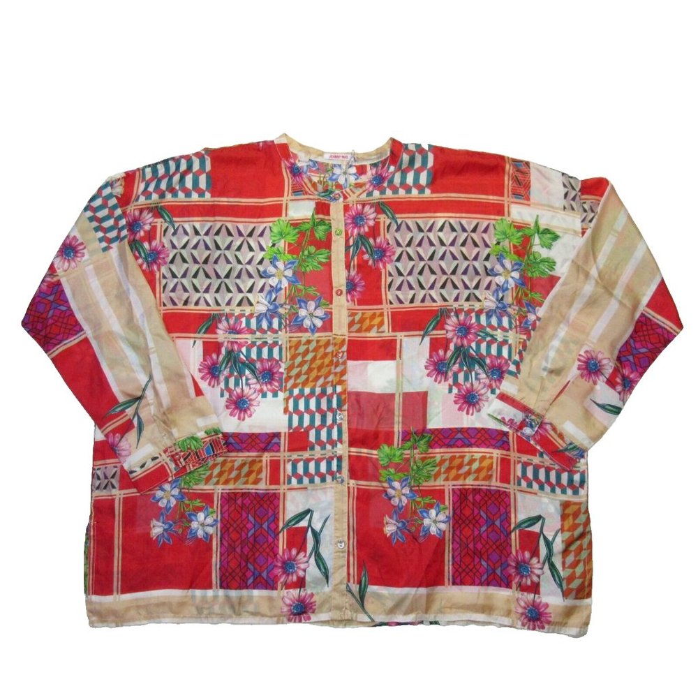 Johnny Was Red Multi Floral Patchwork Button-Front Top